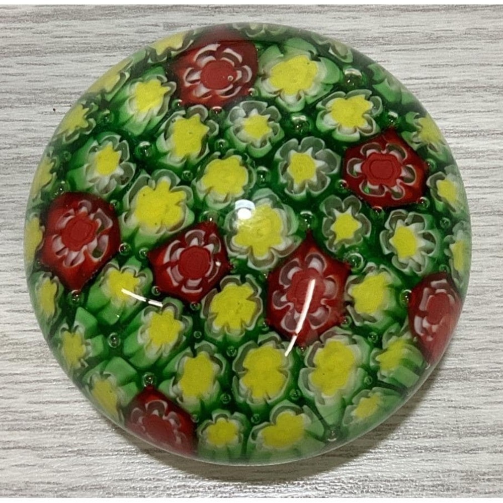 Art Deco Glass Paperweight 3x2.25" Millefiori Style Multicolor Flower Yellow Red
